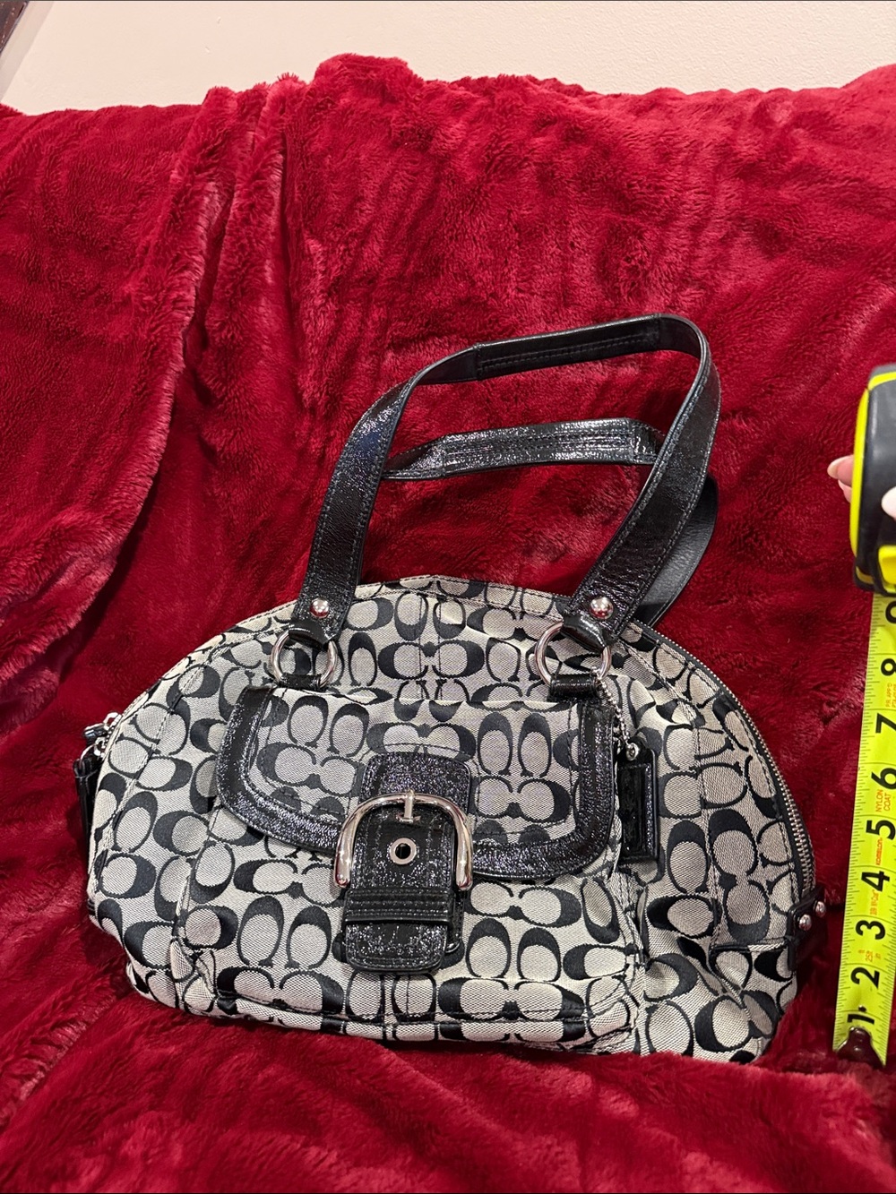 Coach Black and Gray Signature Logo Shoulder Bag with Patent Trim